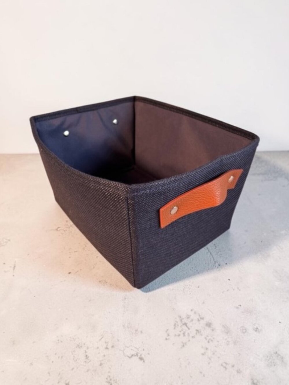 Navy Fabric Storage Bin w/  Brown Leather Handles- 10” L x 6.5” W x 5.5” H